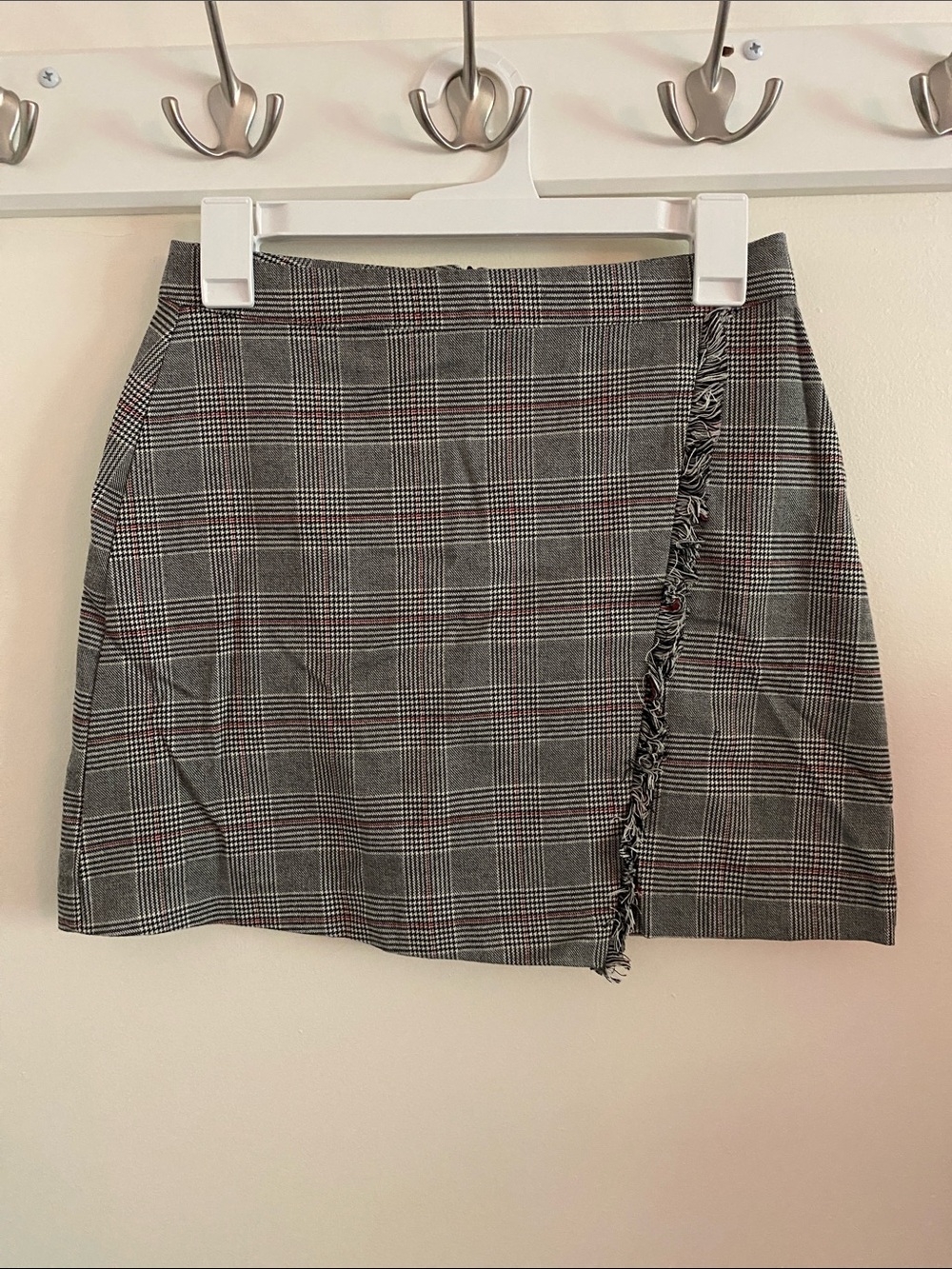 Pull&Bear Gray Plaid Fringe-Trim Mini Skirt